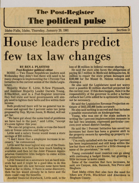 A newspaper article detailing the opinions of Rep. Walter Little on the 1% initiative. He believes that after two legislative sessions the bill is ready for passage. He goes on to comment on the potential impact on spending and the need to cut spending to address present budgetary concerns.