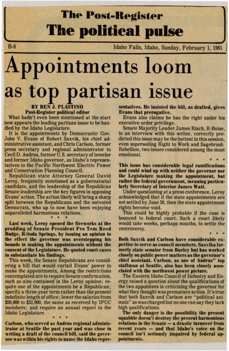 A newspaper article detailing possible testing of the harmonious senate through Governor Evans appointments of two representatives to the Pacific Northwest Electric Power and Conservation Planning Council. The legislature disagrees with the legality of the appointments.