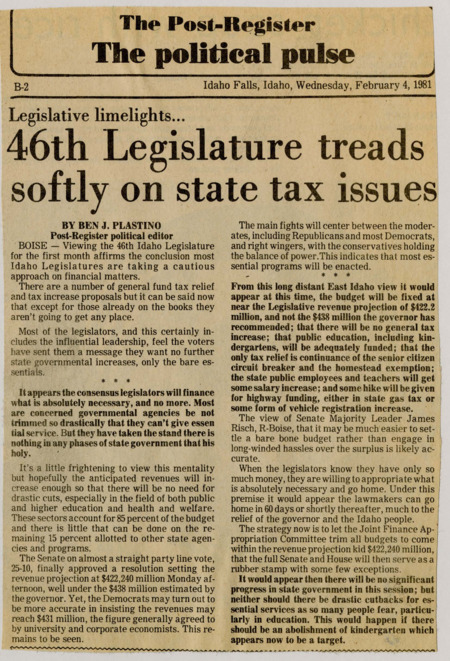 A newspaper article detailing the legislatures hesitance to touch taxes again to address a possible budget short fall opting to explore cutting more spending.