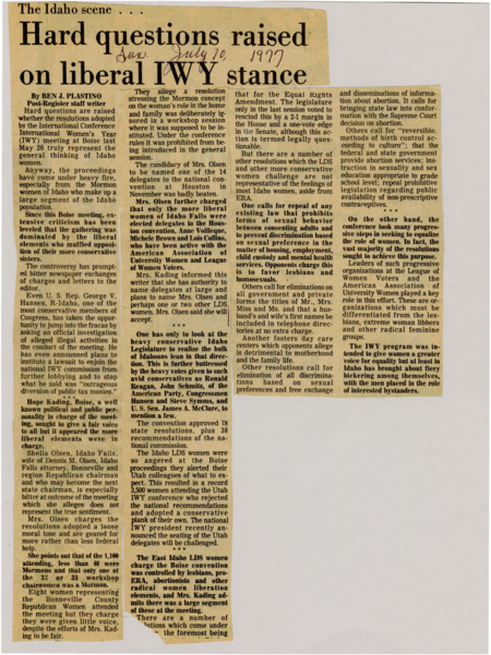 A newspaper article discusses the criticism of the International Women's Year conference in Boise. Many conservative legislators believe the liberal attitudes of the conference aren't representative of the majority of the women in the state of Idaho. The majority of the criticism comes from East Idaho LDS women accusing the conference of being "controlled by lesbians, pro-ERA, abortionists and other radical women liberation elements."