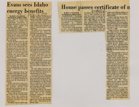 A newspaper article detailing Governor Evans meeting with Jimmy Carter to talk about possible solutions to the energy crisis. Evans talked about regulation on the oil and gas industry as well as the utilization of nuclear power.