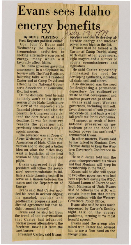 A newspaper article detailing Governor Evans meeting with Jimmy Carter to talk about possible solutions to the energy crisis. Evans talked about regulation on the oil and gas industry as well as the utilization of nuclear power.