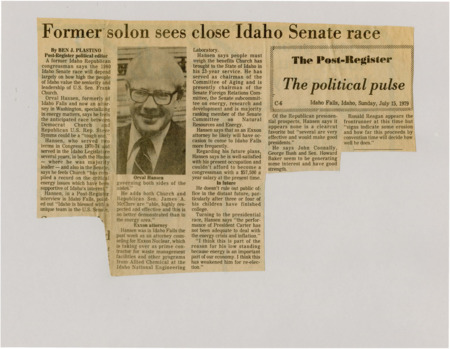 A newspaper article detailing retired Rep. Orval Hansen's opinion on the 1980 senate race between Frank Church and Steve Symms. Hansen also discusses the presidential election and his own career as an attorney in Washington. Image labeled "Orval Hansen."