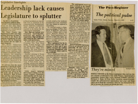 A newspaper article detailing the breakdown of the legislature. The breakdown was caused from several key leaders moving to new positions or being absent from the session. Image labeled "They're missed."