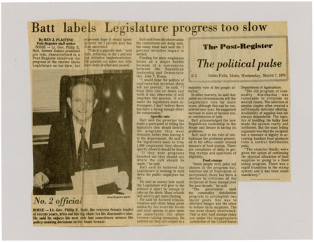 A newspaper article detailing of Lt. Gov Phillip Batts criticism of the legislature. His main criticism was that the speed of the legislature was much too slow and that they should be compromising more on key issues. Batt also discusses food stamps. Image labeled "No. 2 official."
