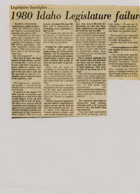 A newspaper article documenting the overall failure of the 1980 legislative session to achieve anything of note let alone planned items. Plastino places most of the blame on senate majority leader James Risch and Pro Tem Reed Budge for sabotaging the session. Image labeled "The Senate culprits."