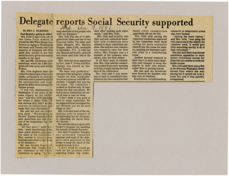 A newspaper article detailing one of the governor appointed delegates, Idaho Falls resident Mrs. Fred (Yoshi) Ochi who was sent to the Conference on Aging in DC. There's a detailed exposition of her experiences in DC and the conference.