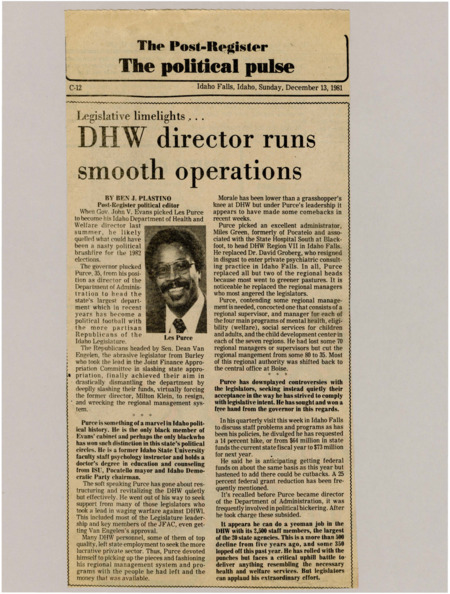 A newspaper article praising DHW director Les Purce for his ability to manage the department through catastrophic cuts in the past couple years. The article gives an in depth profile of Purce both his mannerisms and background. Image labeled "Les Purce."