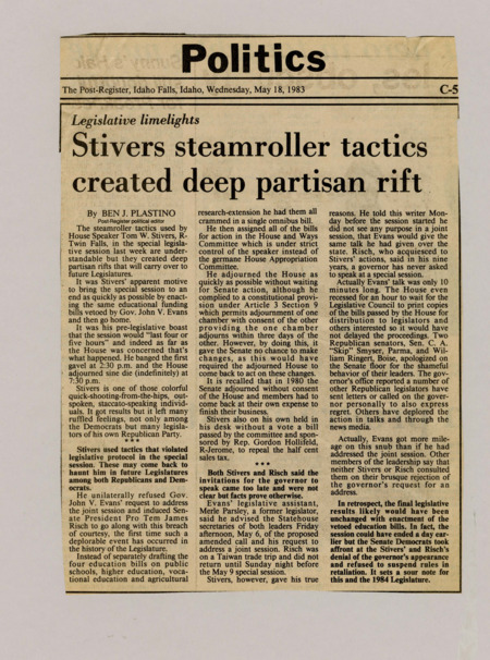 A newspaper article documenting Idaho House Speaker Tom Stivers controversial tactics especially in the 1983 special session. Stivers both refused to let Governor Evans speak at the session and also passed the exact same bill the session was called over. Ultimately the session lasted 4 hours and stoked partisan anger.