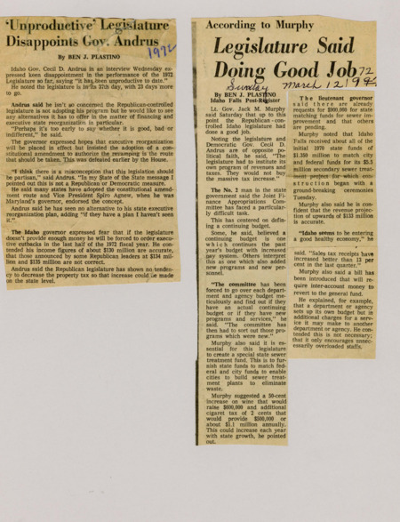 A newspaper article detailing Governor Cecil Andrus' disappointment towards the legislature for not increasing revenues. Andrus has said this lack of effort on the legislatures will force him to do executive cut backs.