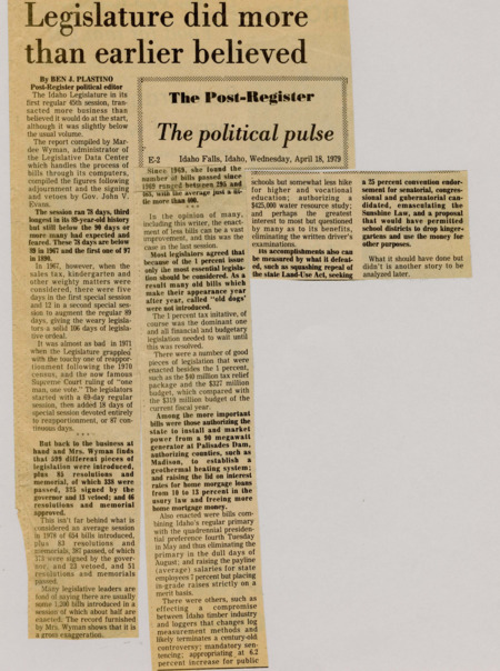 A newspaper article documenting that contrary to initial thought the 1979 session still passed a large amount of policy. Big issues such as the Palisades dam and Madison county geothermal heating project were passed.