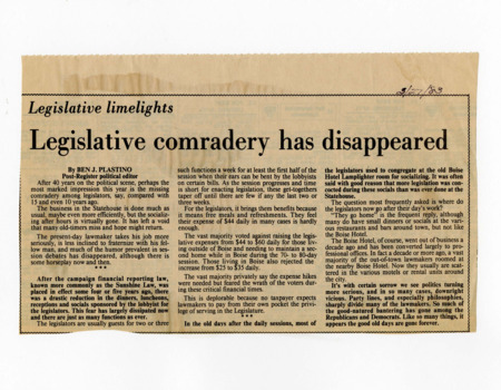 A newspaper article discussing the decline of friendship and comradery at the state capital. Plastino writes that historically more legislation was hashed out in the old Boise Hotel lamplighter room than in the capital.