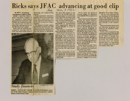 A newspaper article detailing Sen. Mark Ricks and the work that JFAC has done and will have to do. Majority of the appropriations discussion is centered around higher education. Image labeled "Study finances."