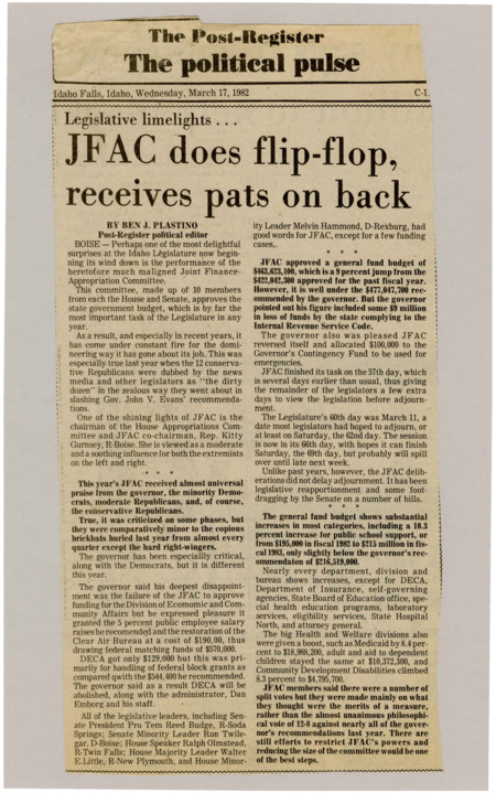 A newspaper article detailing JFAC usually extremely financially conservative reversal on several budgetary proposals pleasing Governor Evans. JFAC member said this was due to split votes on several measures in the committee.