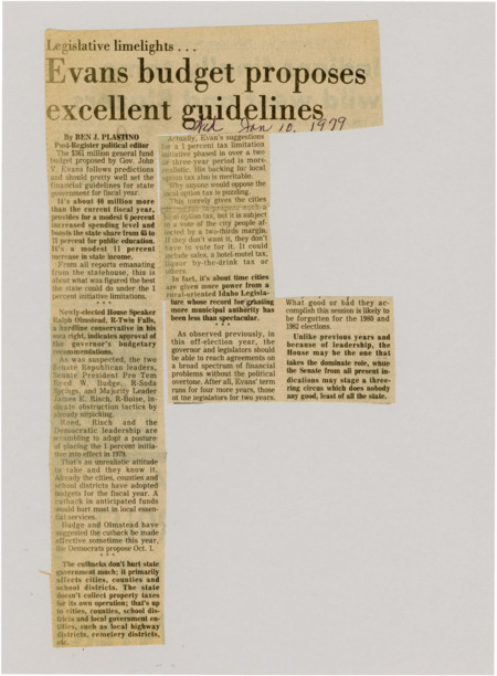 A newspaper article details how Governor Evans budget was acceptable to several members across the aisle. Support for the Local option tax is also referenced.
