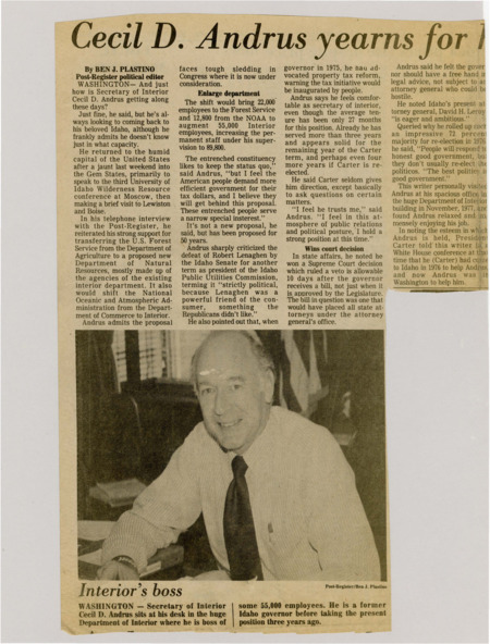 A newspaper article detailing the achievements of Cecil Andrus as the secretary of the interior. Andrus also tells Plastino how Idaho is doing in public lands and wilderness. Image labeled "Interior's boss."