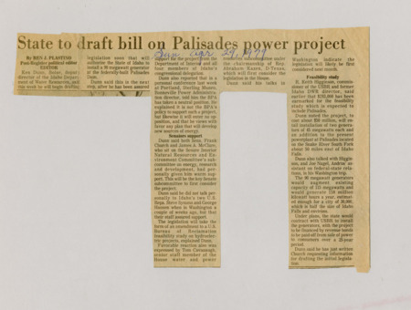 A newspaper article detailing the preparations to write a Palisades Dam funding bill. It would add a generator to the Dam. There's both a feasibility study as well as preliminary legislative support.