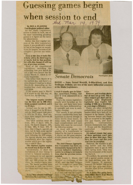 A newspaper article detailing when legislators might be able to go home from the 1979 session. Its tied for the third longest legislative meeting in the states history. Image labeled "Senate Democrats."