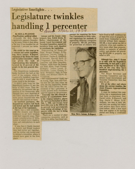 A newspaper article detailing the process that the 1% initiative passed through during the rather dysfunctional 1979 legislature. Image labeled "Rep. Steve Antone, R-Rupert."