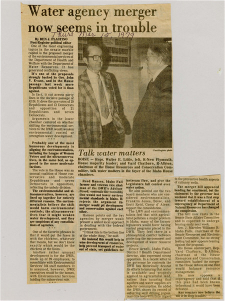 A newspaper article discussing debates around the possible merger between environmental services of the Department of Health and Welfare with the Department of Water Resources. Image labeled "Talk water matters."