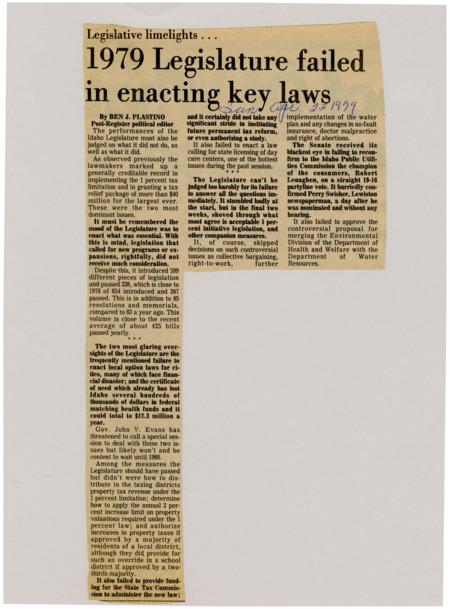 A newspaper article discussing the lack of things done at the 1979 legislative session. Key policies failed to pass such as options for municipalities and the utilization of the federal money matching program. Further topics that didn't make it to floor.