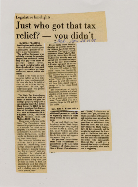 A newspaper article criticizing the impact of the 1% tax initiative. Plastino says the increased school levies and utility bill counteracts any relief the initiative would've provided with choice words for Idahoans who believed they would benefit.