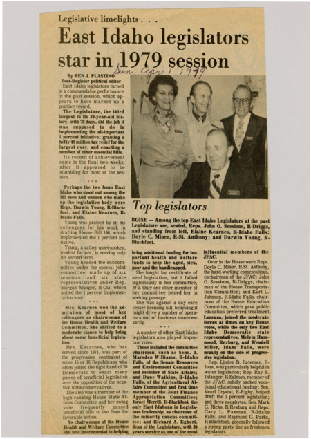 A newspaper article commending East Idaho legislators for being stars in the 1979 session. The legislators were commended for working hard to push through policy and the ability to make compromises. Image labeled "Top legislators."