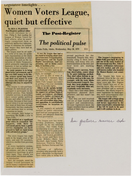 A newspaper article detailing the impact of the League of women voters on Idaho policy. This is in response to Lt Gov. Batt's claim that they were 'relatively ineffective lobbyists'