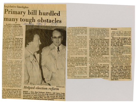 A newspaper article detailing the long embattled primary election reform bill finally passing the legislature. The bill which changes multiple things like changing when candidates can file as a primary challenger, and making general election season longer. Image labeled "Helped election reform."