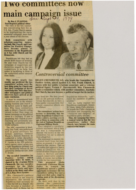 A newspaper article detailing two anti Frank Church committees that have teamed up. Plastino writes how this has basically backfired since the committees are much more intimidating and sinister to the electorate than pose a threat to Church. Image labeled "Controversial committee."