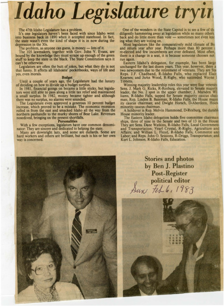 A newspaper article detailing the 1981 deficit and its implications for future spending. The article references several personalities that have emerged out the budget crisis. Several images labeled "Freshman legislators," "Idaho Falls senators," "Senate leaders," "East Idaho legislators."