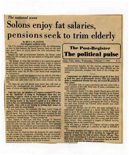 A newspaper article criticizing congress for voting to cut social security spending during the same session they approved a raise to congressional members salaries and retirements. Plastino noted that even those who refused the raise utilized a 75$ a day to help live in DC and also buy second homes for some reason.