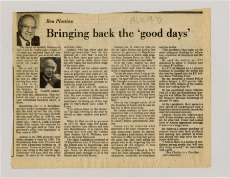 A newspaper article detailing the impact Cecil Andrus is having in his second term 'breathed fresh life into the state capital.' Andrus details that the problems he is facing for the next budget year is additional funds for education, economic development, and the deficit. Two images, one labeled "Ben Plastino," and "Cecil D. Andrus."