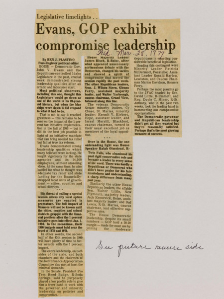 A newspaper article detailing the compromise between Governor Evans and GOP leaders in the legislature. During the session the bulk of appropriations were handled and both parties had gotten concessions.