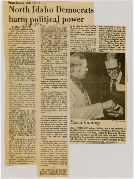 A newspaper article criticizing North Idaho Democrats for both alienating moderates and petty political decisions concerning boycotting JFAC. Image labeled "Fiscal funding."