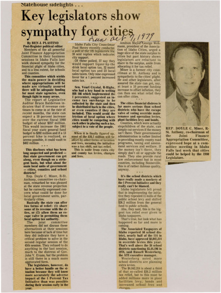 A newspaper article detailing the ways the Idaho legislature is trying to financially support struggling cities. Multiple routes such as sharing tax revenue or giving tax authority to municipalities. Image labeled "Rep. Doyle C."