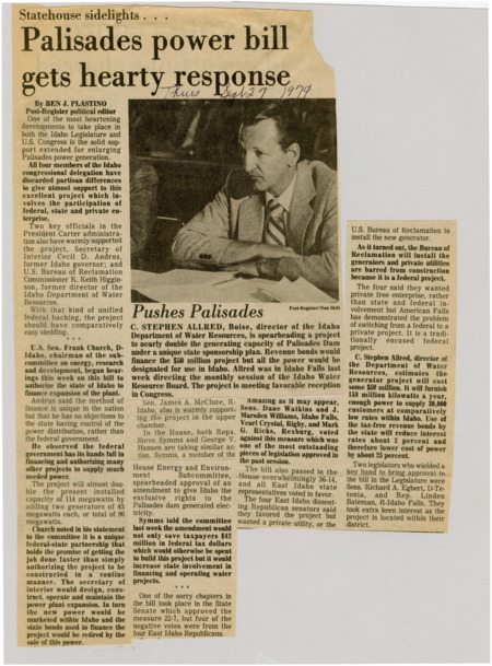 A newspaper article explaining the widespread support in the state legislature for the expansion of the Palisades power plant. Additional statistics of cost and power generation are listed as well. Image labeled "Pushes Palisades."