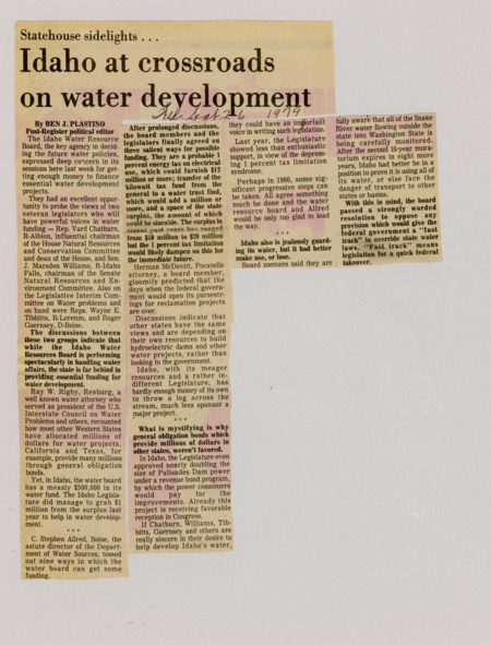 A newspaper article discussing the situation of water usage to avoid losing access rights to other states for a lack of need. The article notes Idaho's development of dams and other water infrastructure projects.
