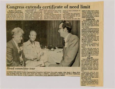 A newspaper article explaining the federal Health Planning Act. Only if a certificate of need is acquired the state can access federal spending matching on health programs. The article then delves into Idaho congress fights over the spending bill. Image labeled "Head committee tour."