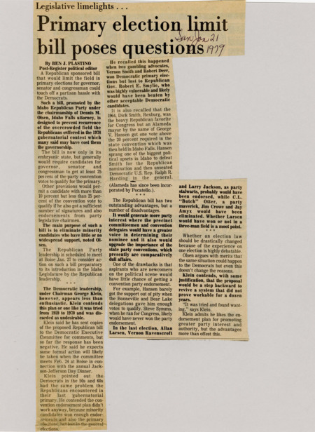 A newspaper article describing a proposal to limit the amount of candidates in the gubernatorial primary. After an election defeat in the 1978 election Republicans want to pass legislation that drops low support from the race.