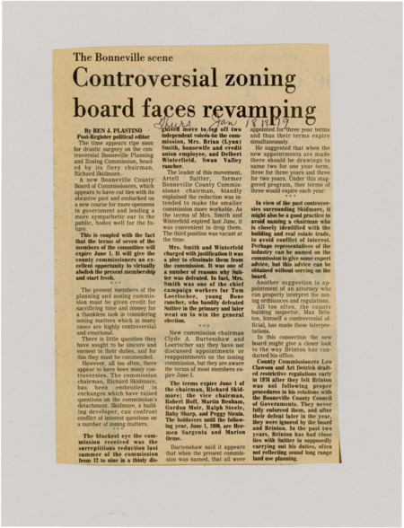 A newspaper article detailing the changes in the Bonneville zoning board. A detailed backstory of several members and controversies.