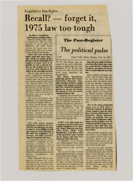 A newspaper article detailing the new recall requirements to prevent abuse of the recall system that happened earlier in the 1970s. The article includes multiple perspectives from both pro and anti recall pundits.