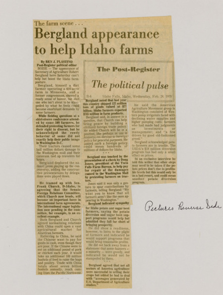 A newspaper article detailing the visit of the Secretary of Agriculture to Idaho. He addressed the recent farmers protest in DC as well as Frank Church's work in the Foreign Relations committee to open up the Chinese market to Idaho farmers. Two images labeled "Boost for Idaho" and "Cheers for farmers."