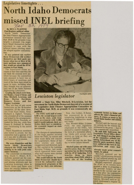 A newspaper article criticizing northern Idaho democrats lack of care for INEL related activities. The article goes on to explain that INEL and Idaho resource extraction industries are both important to the future of the state. Image labeled "Lewiston legislator."