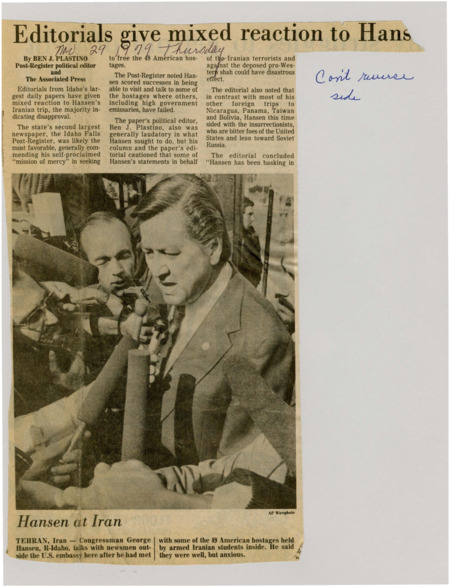 A newspaper article criticizing State Representative George Hansen's trip to Iran and continuous interactions. Plastino himself lauds Hansen but thinks it might be 'time to come home.' Image labeled "Hansen at Iran."