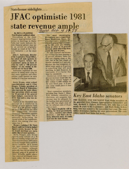 A newspaper article detailing the financial impacts of the 1% tax initiative. JFAC had been worried about a possible shortfall but general revenue increased 13%. Image labeled "Key East Idaho senators."