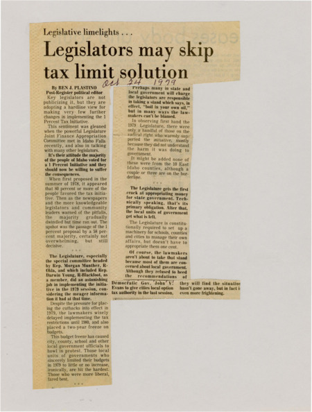 A newspaper article criticizing Idaho legislators decision around the 1% tax initiative. In the face of a drop in public support Plastino notes that with what information legislators had they did craft surprisingly good policy.