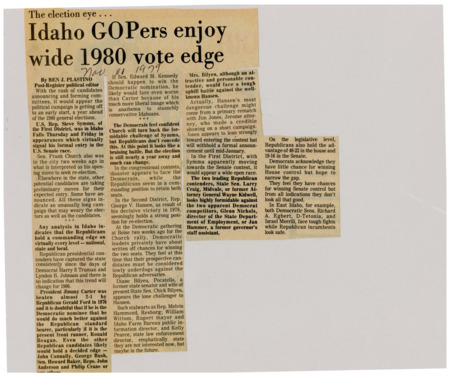 A newspaper article describing the polling numbers for the 1980 election favoring the GOP at every level of government.