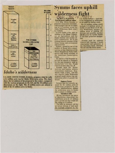 A newspaper article detailing Rep. Steve Symm's fight in congress to cap Idaho wilderness acreage. There's analysis of the opposition to his proposal. A graph labeled "Idaho's wilderness."