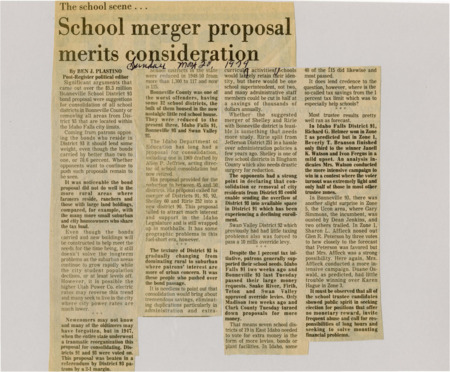 A newspaper article detailing the supporters and opponents to the school district merging debate. Plastino analyzes the history of the debate and the realities in Bonneville in the case of School district merging.